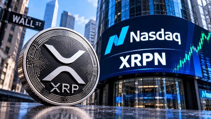 A large XRP silver coin sits prominently in front of the Nasdaq building displaying the ticker "XRPN," with a "WALL ST" street sign visible in the background and a rising green stock chart on the Nasdaq screen, visually reinforcing the announcement of Evernorth's upcoming Nasdaq listing under ticker $XRPN on October 8.