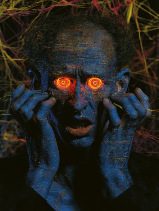 A digitally manipulated portrait of a man with glowing red/orange eyes and circuit board patterns overlaid on his face and hands, with colorful fiber-like strands in the dark background.