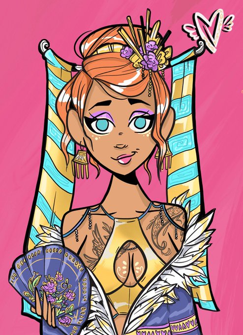 A stylized illustration of a female character with orange hair, teal eyes, gold ornamental headwear, and a yellow outfit with feather accents, holding a blue floral fan against a bright pink background.