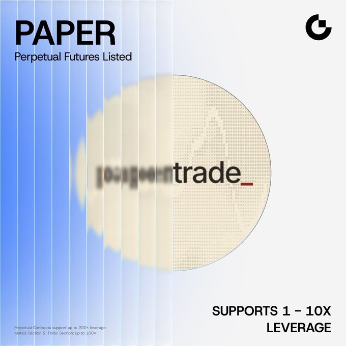 A promotional graphic announcing the Gate pre-market listing of the PAPER perpetual futures contract, featuring bold "PAPER Perpetual Futures Listed" text, the gate.io logo, and a note that it supports 1–10x leverage. The design aligns with the post by highlighting the ticker $PAPER, the platform (gate.com/futures), and the available leverage range for trading long or short positions.