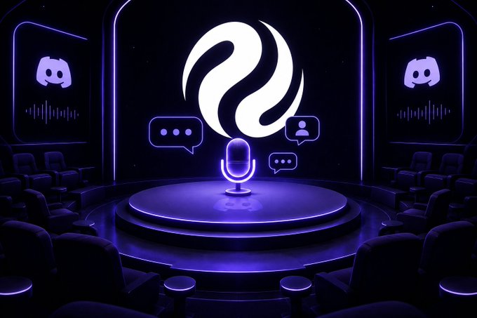 Dark purple-lit stage set with a central microphone and Discord logo, flanked by chat bubbles and Discord icons on screens, suggesting a podcast or streaming setup.