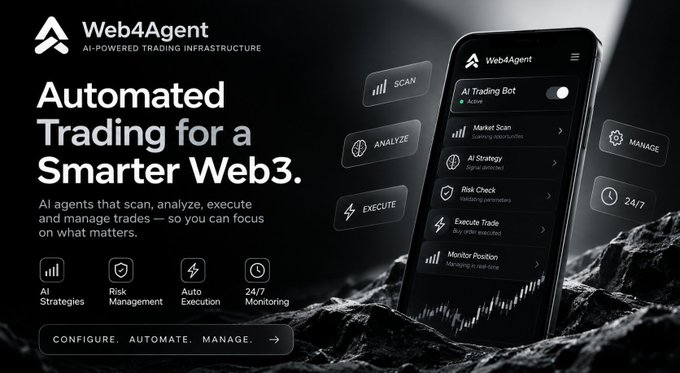 A promotional graphic for 'Web4Agent' advertises 'Automated Trading for a Smarter Web3' featuring AI-powered trading infrastructure, with a smartphone displaying features like Scan, Analyze, and Execute Trade.