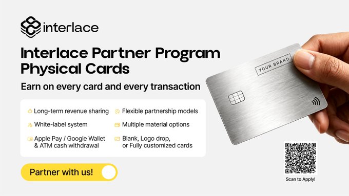 An Interlace Partner Program advertisement for Physical Cards promotes features like long-term revenue sharing, white-label systems, Apple Pay support, and customizable branded cards with a 'Partner with us!' call-to-action.