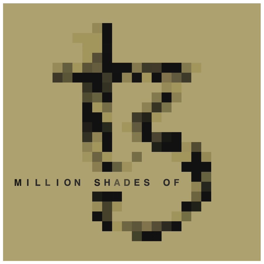 The image features an abstract design of a letter "T" composed entirely of black squares, with each square varying in size and shape. The letters are arranged in a way that creates a sense of depth and dimensionality. The background color of the image is beige, providing a neutral backdrop for the black squares. The text "million shades of TZ" is written below the design, indicating the value or worth of the letter "T".