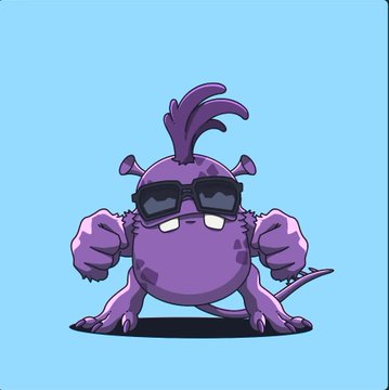 A cartoon illustration of a muscular purple monster character wearing black sunglasses, standing confidently against a light blue background.