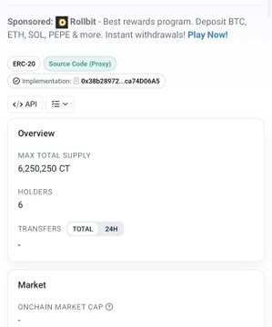 A blockchain explorer page displays Concrete ($CT) token details as an ERC-20 contract, showing a max total supply of 6,250,250 CT, only 6 holders, and no transfers yet, visually supporting the post's claim that the token has just gone live on-chain with minimal early distribution including Coinbase 10 holding 96.08 CT.