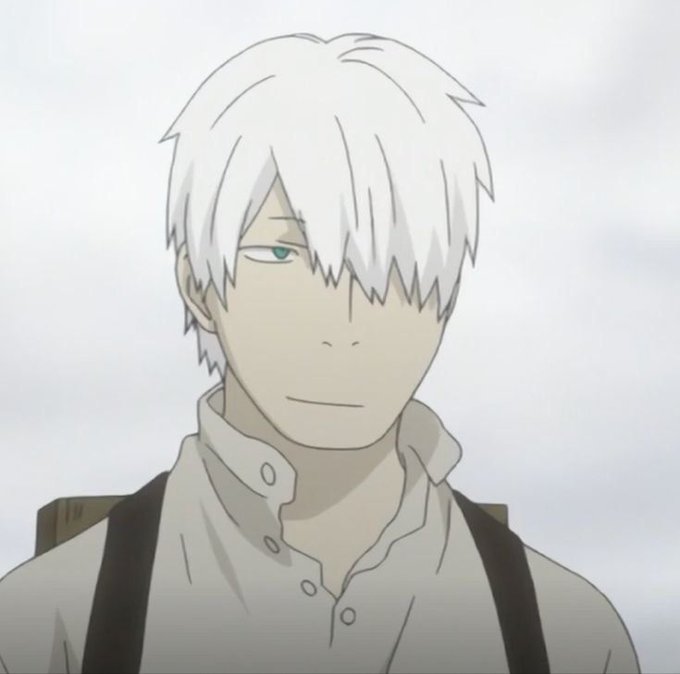 An anime character with shaggy white hair covering one eye, green eyes, and a white collared shirt with suspenders stands against a pale sky.
