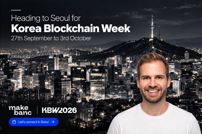 A promotional graphic for 'Korea Blockchain Week' (KBW2026) from September 27th to October 3rd, featuring a smiling man in front of the Seoul skyline and a 'Let's connect in Seoul' button.