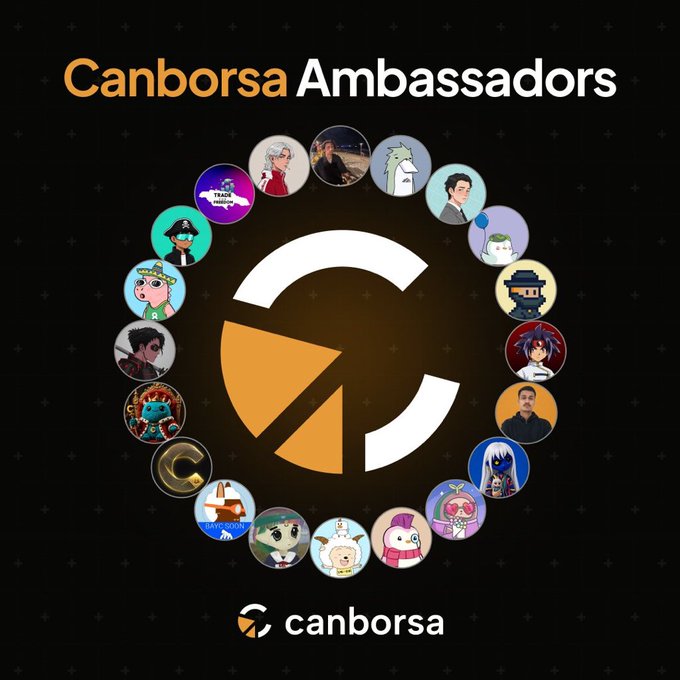 Promotional graphic for "Canborsa Ambassadors" featuring the Canborsa 'C' logo surrounded by a circle of profile pictures/avatars of various ambassadors and characters.