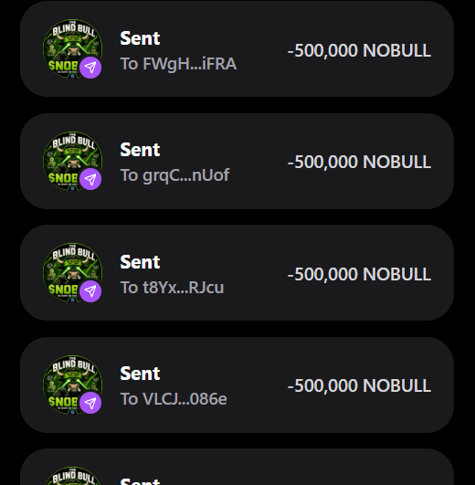 This image shows multiple transactions of -500,000 NOBULL sent to various Solana addresses, likely illustrating successful payouts from an airdrop.