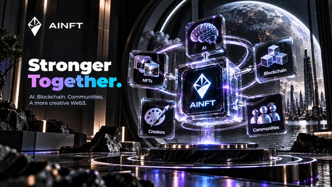 An AINFT promotional graphic with the tagline 'Stronger Together. AI. Blockchain. Communities. A more creative Web3.' showing floating holographic panels for NFTs, AI, Blockchain, Creators, and Communities.