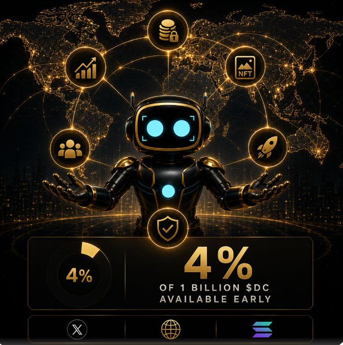 The image features a robot-like figure with multiple arms and legs, standing upright within a vibrant gold color scheme that appears to be from outer space or an alternate universe where the sky blends with the ground. The central focus of the image is the robot's hands, which are spread out in various positions as if performing different actions or gestures.

The post on social media displays a screenshot featuring this interesting and unique image, providing information about its content such as the presence of 4% of 1 billion $DC available early and details related to the robot figure.