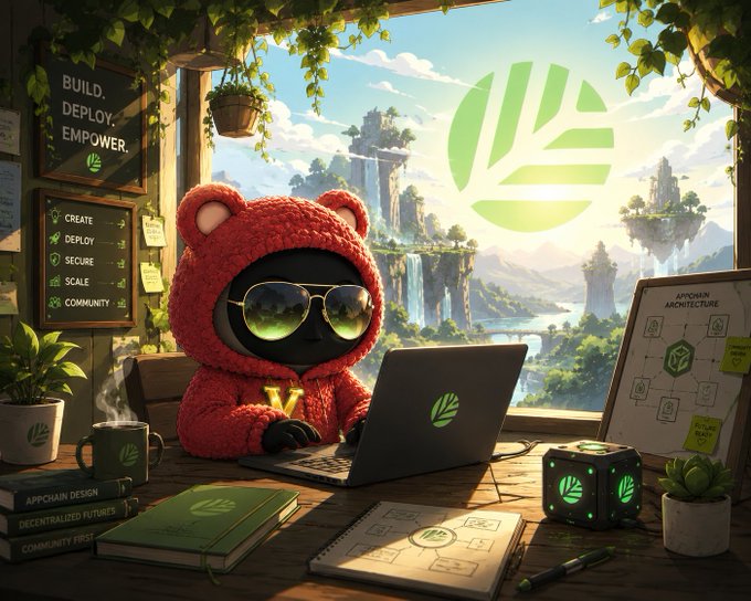 A red crocheted bear in sunglasses works on a green-logo laptop, surrounded by "BUILD. DEPLOY. EMPOWER." and "APPCHAIN ARCHITECTURE" signage, reflecting the post's theme of @CNPYNetwork as a thoughtful Web3 innovator building deep infrastructure beyond typical blockchains.