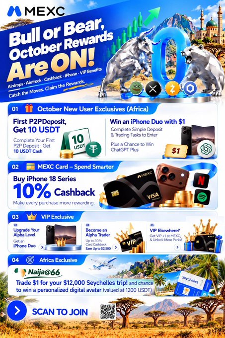 MEXC cryptocurrency exchange promotional poster reading 'Bull or Bear, October Rewards Are ON!' with offers including 'First P2P Deposit, Get 10 USDT' and 'Buy iPhone 18 Series 10% Cashback'.