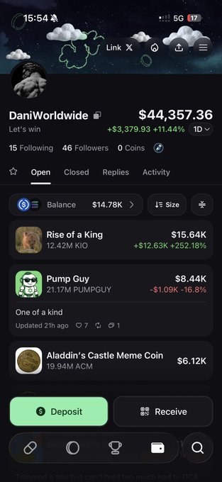The image shows a Pump.fun app profile for "DaniWorldwide" with a portfolio balance of $14.78K, displaying open positions in "Rise of a King" (+252.18%) and "Pump Guy" (-16.8%) among others, with a total account value of $44,357.36 (+11.44%). The profile reflects the post's call to action, showcasing the user's transparent trading approach on Pump.fun with 46 followers, demonstrating the "speedrun" to higher portfolio value through public memecoin positions.