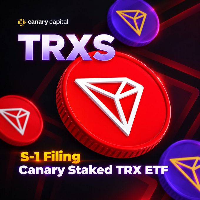 A promotional graphic by Canary Capital featuring the TRXS token and the TRON logo, announcing an 'S-1 Filing' for a 'Canary Staked TRX ETF'.