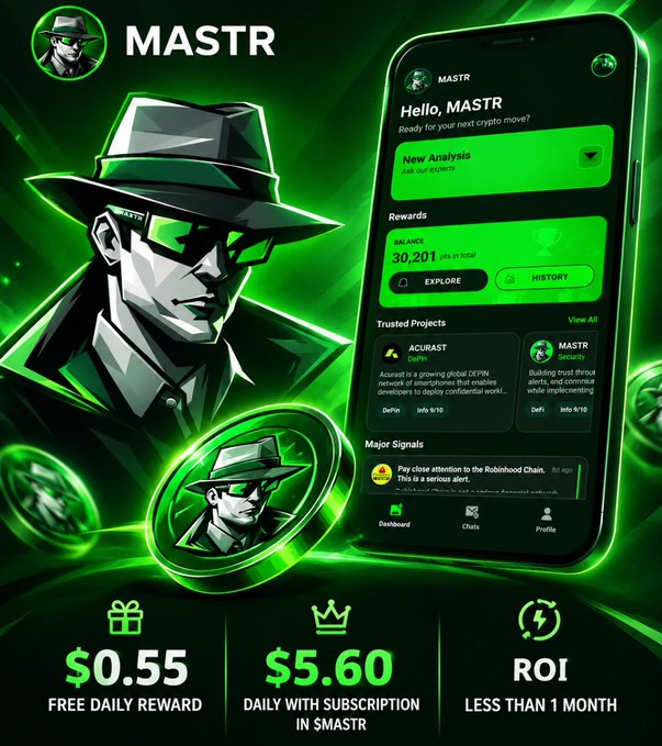 A promotional graphic for the 'MASTR' crypto project featuring a stylized man in a fedora and sunglasses, showing a mobile app interface, and listing 'FREE DAILY REWARD $0.55', 'DAILY WITH SUBSCRIPTION IN $MASTR $5.60', and 'ROI LESS THAN 1 MONTH'.