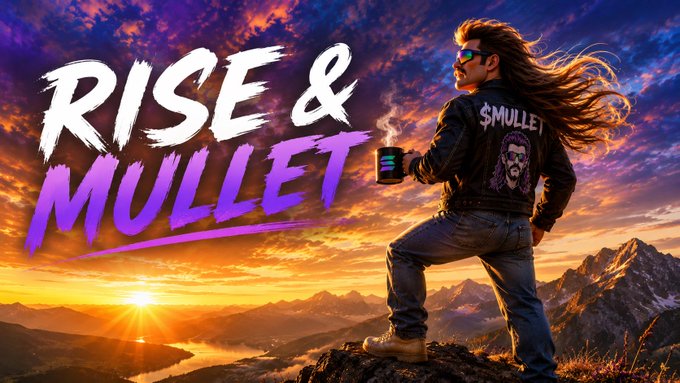 A digital artwork featuring a long-haired man standing on a mountain peak at sunset, wearing a jacket with a '$MULLET' logo and holding a steaming mug, with large text reading 'RISE & MULLET' beside him.