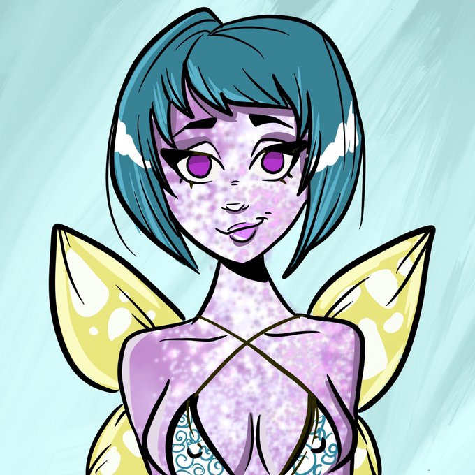 A digital illustration of a fairy-like anime girl with short blue hair, purple eyes, and a sparkly lavender complexion, wearing yellow butterfly wings and a blue patterned top.