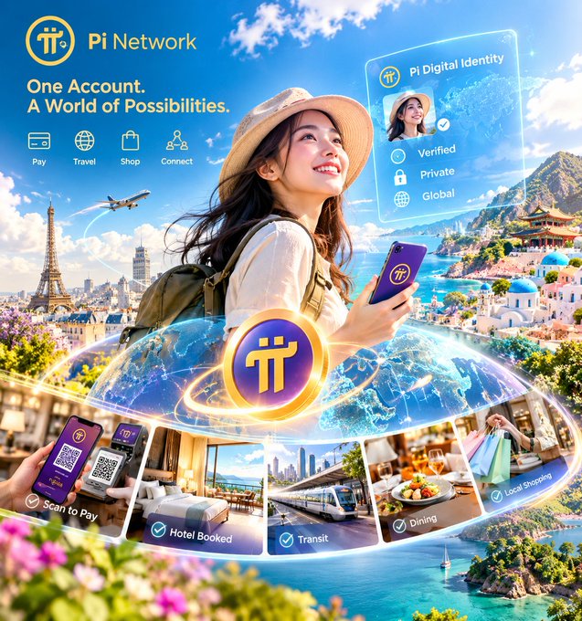 A promotional graphic for 'Pi Network' with the tagline 'One Account. A World of Possibilities,' featuring a woman with a smartphone and showcasing features like Pay, Travel, Shop, and Connect.