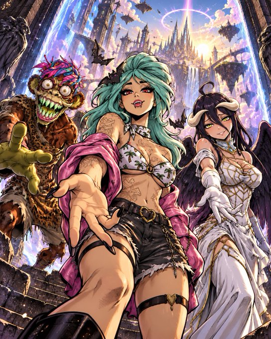 A vibrant anime-style illustration depicts three characters—a leopard-like creature, a turquoise-haired woman in the foreground, and a horned woman with dark wings—standing before a fantasy castle.