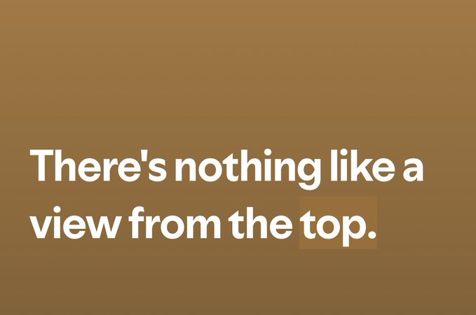 A brown background displays the white text "There's nothing like a view from the top." The image's message about enjoying a view from the top pairs well with the post's enthusiastic "gm, the best view ever." greeting, both celebrating an impressive vantage point.