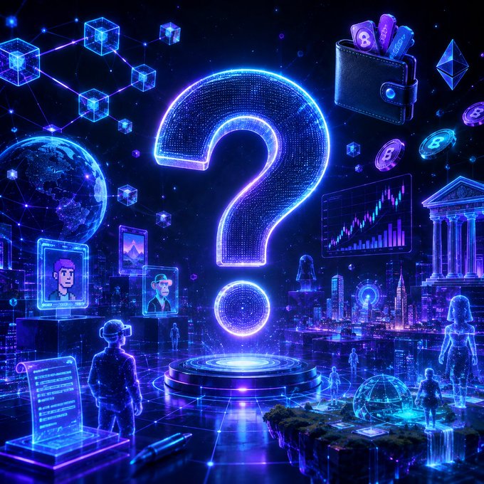 A vibrant digital/metaverse illustration featuring a large glowing blue question mark in the center, surrounded by various icons including cryptocurrency coins, a wallet, a stock chart, a building with columns, digital avatars in VR headsets, and holographic displays against a starry background.