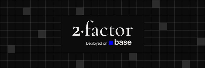 A minimalist black banner with grid lines displaying the text '2·factor' with the subtitle 'Deployed on base' (referring to the Base blockchain network).