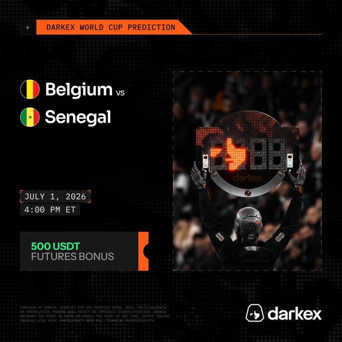 A promotional graphic for Darkex's World Cup prediction challenge featuring the Belgium vs Senegal match on July 1, 2026 at 4:00 PM ET, offering a 500 USDT Futures Bonus. The image shows a figure holding up a phone displaying the Darkex logo against a stadium crowd backdrop, with flags of both nations displayed alongside the event details.