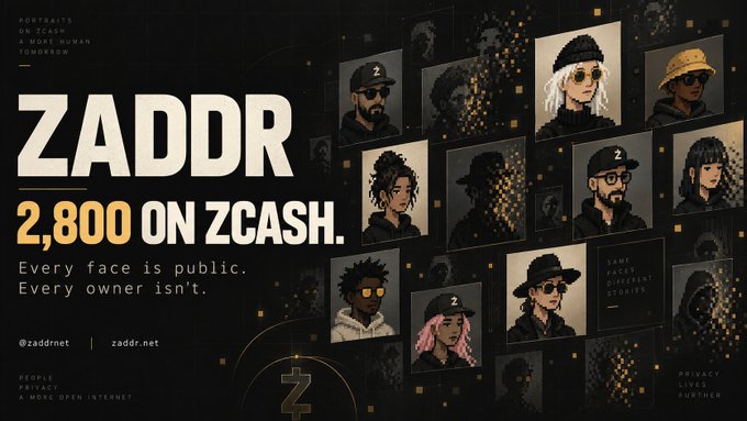 A sleek promotional banner for "ZADDR" featuring the text "2,800 ON ZCASH" alongside a grid of stylized digital avatar portraits wearing hats and sunglasses, visually reinforcing the project's tagline "Every face is public. Every owner isn't." by showcasing public artwork tied to anonymous ownership.