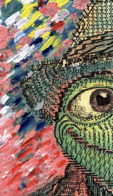 Abstract mixed-media artwork combining a textured face/eye in green tones with repeated text patterns like 'metoo' and '#', alongside colorful red, blue, and yellow paint strokes.