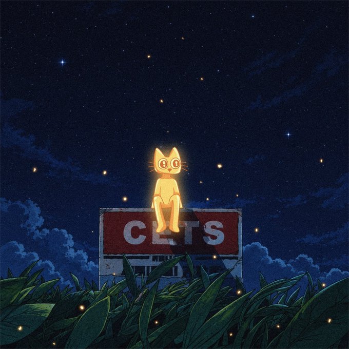 A glowing cat sits atop a "CELTS" billboard at night, surrounded by fireflies and stars. The image visually represents the post's excitement about a "gold cat" token opportunity, combining the cultural appeal of cats with the BNB Chain's Celtic-themed branding.