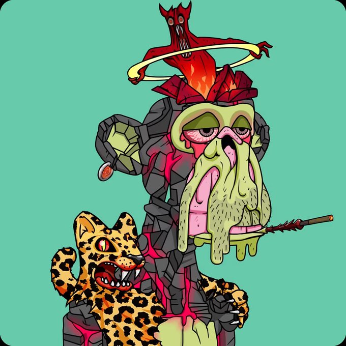 A surreal, cartoonish illustration features a melting skull-faced figure in a dark jacket, with a red demonic creature emerging from its head and a fierce leopard at its base against a teal background.