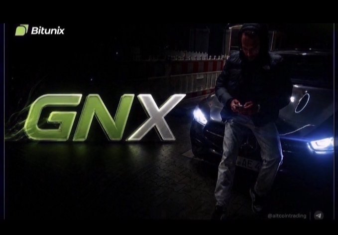 A dark promotional image featuring the text 'GNX' in glowing green and white letters, with the Bitunix logo in the top left and a person standing next to a car at night.