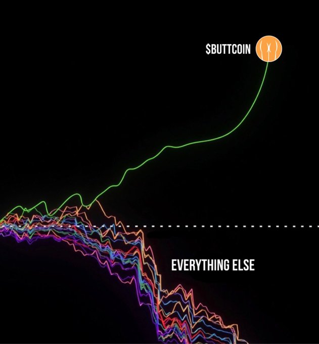 The image features a graph with lines representing different things, such as Bitcoins or cryptocurrencies, with one line having an orange dot above it that reads "S butt Coin" followed by "Everything Else". There are also arrows pointing at these lines on the graph indicating trends in value for something like bitcoin.