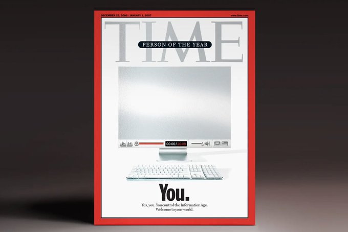The famous TIME Magazine 'Person of the Year' cover from December 25, 2006 / January 1, 2007, featuring a computer monitor with a mirror-like screen and the caption 'You. Yes, you. You control the Information Age. Welcome to your world.'