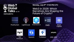 Promotional graphic for a Web3 Global Talks X-Space on Monday, July 8th at 17:00 UTC titled "Global Narratives 2026: Shaping the Future of Crypto," featuring logos of participating projects including Tap Protocol, Truflation, Posthuman DVS, Lighthouse, ChainAware, DMD Coin, Noon Capital, Syscoin, and Jelly2JellyFish.