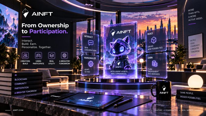An AINFT promotional banner featuring a holographic fox character with the tagline 'From Ownership to Participation' and 'Interact. Build. Earn. Personalize. Together,' highlighting features like blockchain, community, and AI utility.