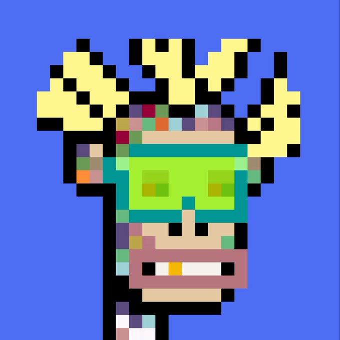 A pixel art portrait of a Punk Ape character with wild blonde hair, a teal VR-style visor, and an open-mouthed expression, set against a blue background. The image showcases the NFT minted by the user, featuring the distinctive blocky, 8-bit aesthetic associated with the Punk Ape collection.