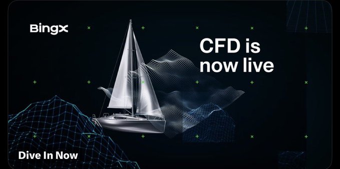 An advertisement for 'Bingx' with the text 'CFD is now live' and 'Dive In Now', showing a 3D sailboat against a dark background with wireframe mountain visualizations.