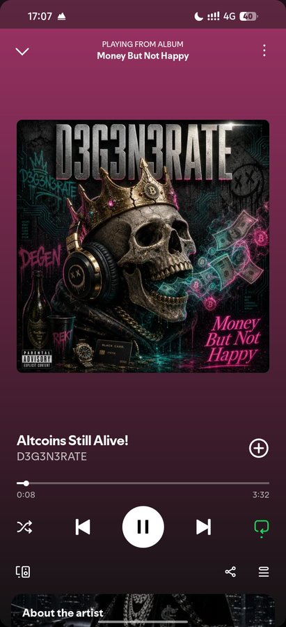 A Spotify music player is shown playing the track "Altcoins Still Alive!" by artist D3G3N3RATE from the album "Money But Not Happy," with artwork featuring a skull wearing headphones and a gold crown surrounded by graffiti and money imagery. The degen/crypto-themed album art aligns with the post's shoutout to the "Degen Crew" community.