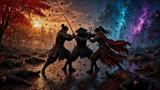 Two warriors clash with a third sword-wielding figure in a misty river, set against a striking split sky of fiery sunset and purple cosmic nebula, with red maple leaves swirling around them—capturing the epic, otherworldly atmosphere of the world premiere being celebrated in the post.