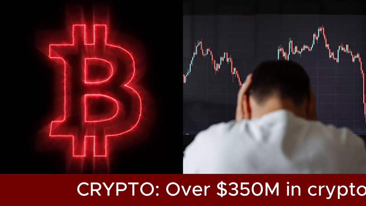 The image shows two pictures next to each other. The top picture displays an animated bitcoin symbol with the text "CRYPT: Over $350M in crypto long positions have been liquidated within the last hour as $BTC drops 4.92% to the $67,933 level". The bottom picture features a man looking down at his computer screen displaying charts and numbers of Bitcoin prices over time.