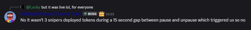 A Discord screenshot shows a BOSS user (@SimpleFarmer | Clutch Team) saying three snipers triggered a token launch during a 15-second pause gap, while @Lucky notes it was live “for everyone.” This supports the post’s warning that hype and unreliable launch details can expose users to frontrunning and potential losses.
