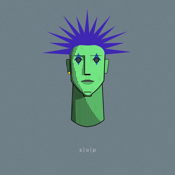 An illustration of a green-skinned figure with spiky blue hair and diamond-shaped blue eyes, labeled 's|o|p' at the bottom on a gray background.
