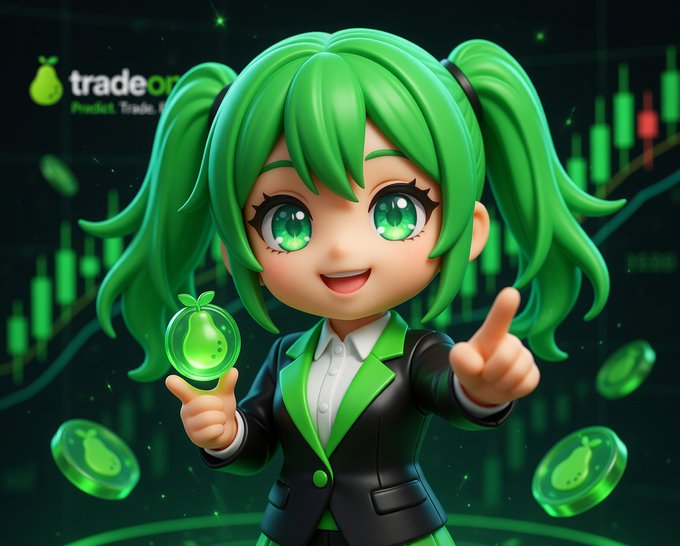A 3D anime-style character with green twin-tails and a black suit holds a glowing green pear-shaped gem, with 'tradeon' text and a candlestick chart in the background.