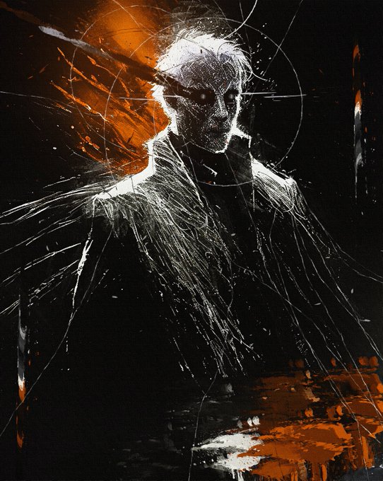 A dark, stylized digital painting of a white-haired figure with glowing orange eyes, depicted with heavy white scratch lines against a black background accented with orange splashes.