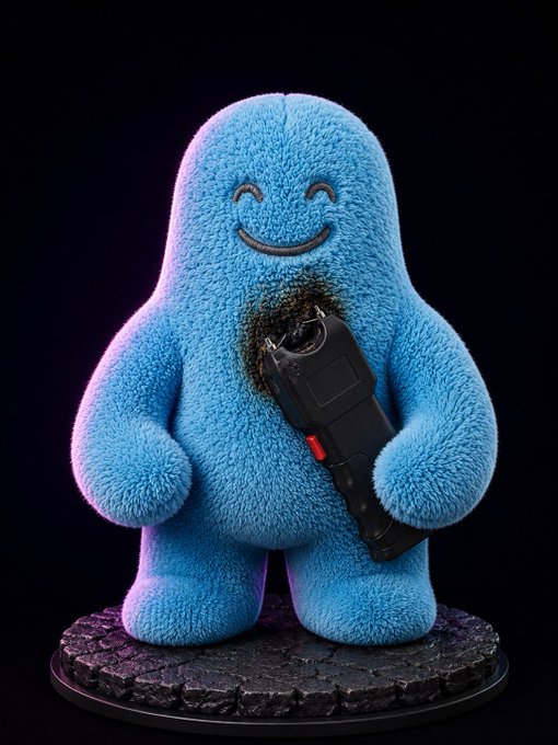A 3D rendered figure of a fuzzy blue monster with a smiling face is holding a black handgun that appears to have been fired, indicated by smoke or damage at the barrel.