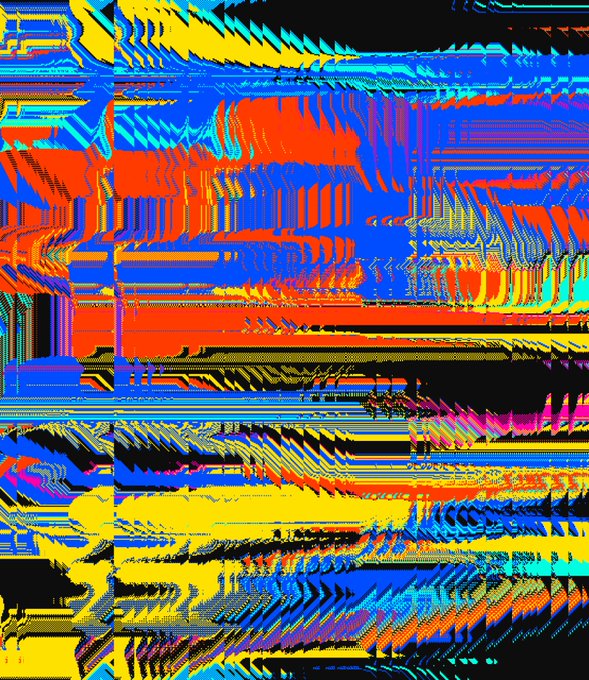 Abstract digital glitch art composed of vibrant horizontal bands of red, blue, yellow, black, and cyan in distorted geometric patterns.