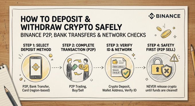 An infographic titled "HOW TO DEPOSIT & WITHDRAW CRYPTO SAFELY" from Binance, outlining four steps including deposit method, P2P trading, verification, and safety first.